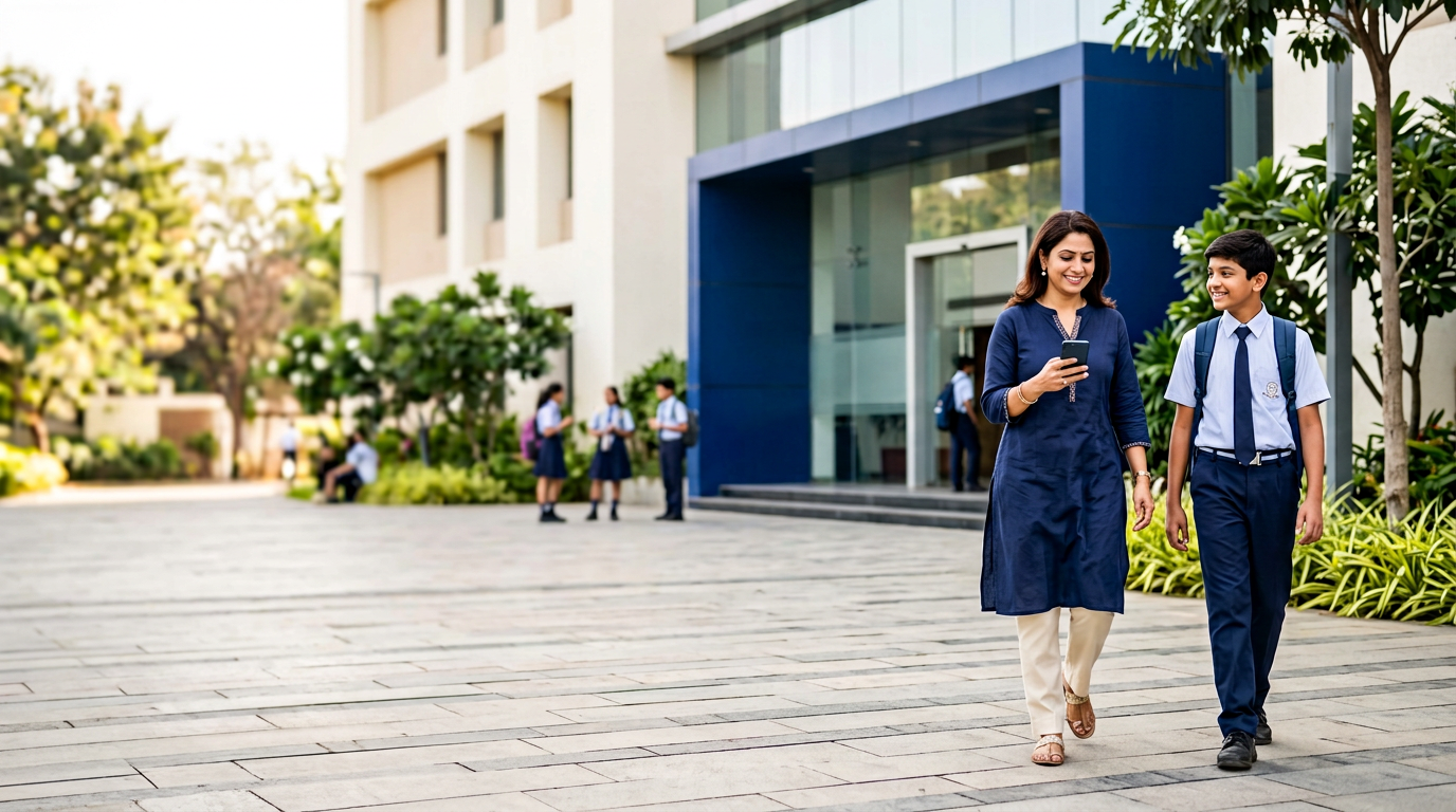 Parent and student outside a modern school campus